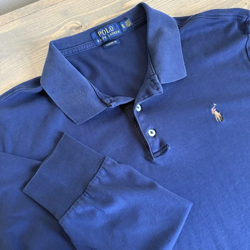 Polo Ralph Lauren Mens XL Navy Blue Long Sleeve Polo Collar Shirt Logo Embroider